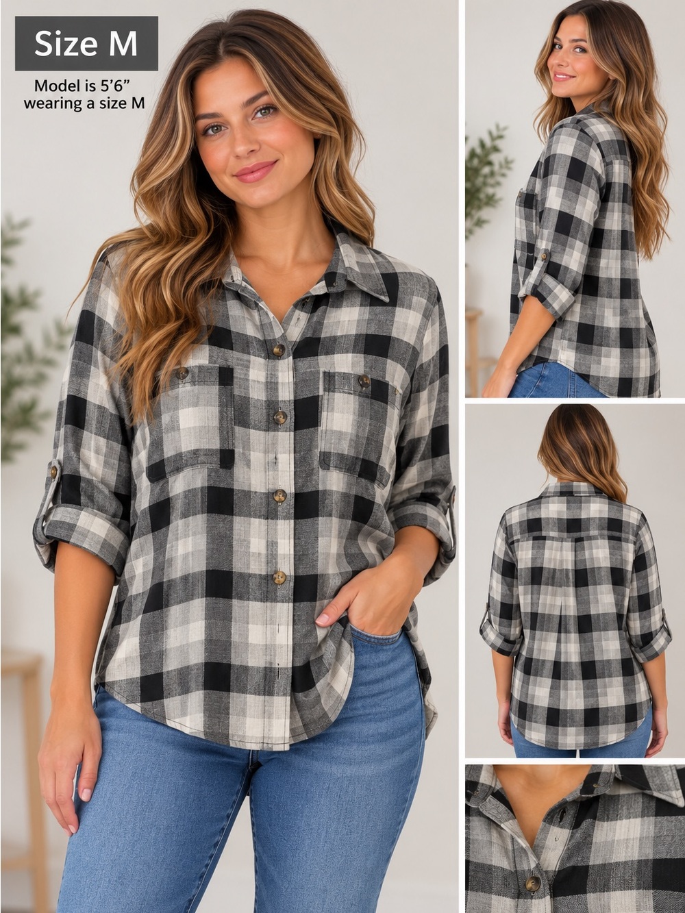 Intro. Plaid Button Down Shirt Size M Black White Long Sleeve